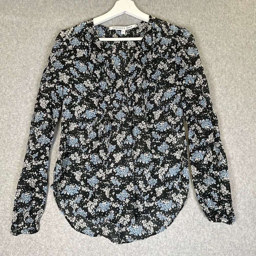 Veronica Beard Womens Size 4 Pullover Blouse Navy Blue Floral Print Long Sleeve